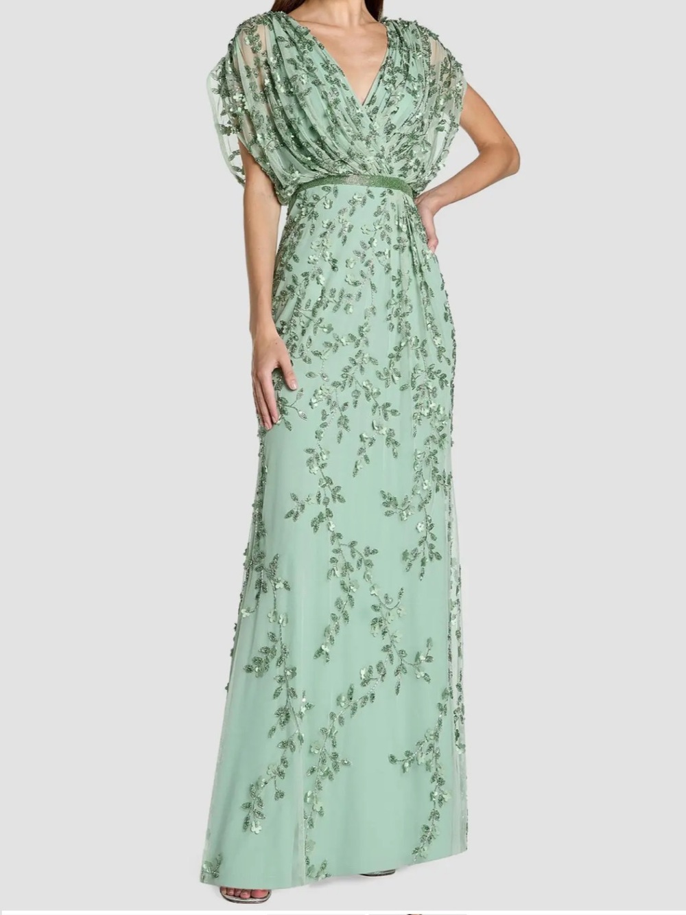 Mac Duggal Sage Green Beaded V-Neck Maxi Gown
